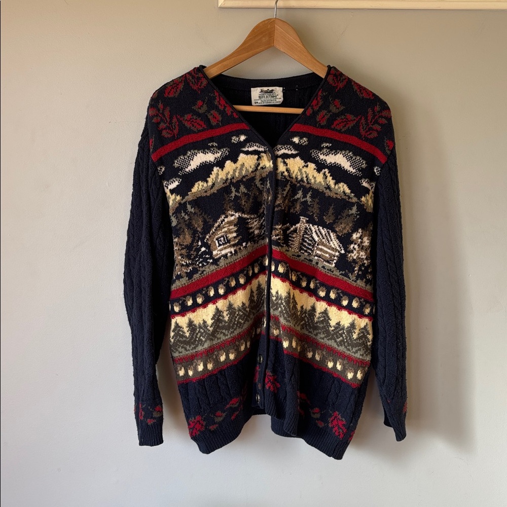 Northern Reflections Navy Knit Cardigan Large Red Pattern Cozy Cotton